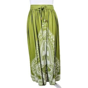 Gypsie Blu High Waist Drawstring Midi Skirt Womens Large Olive Rayon Boho Hippie